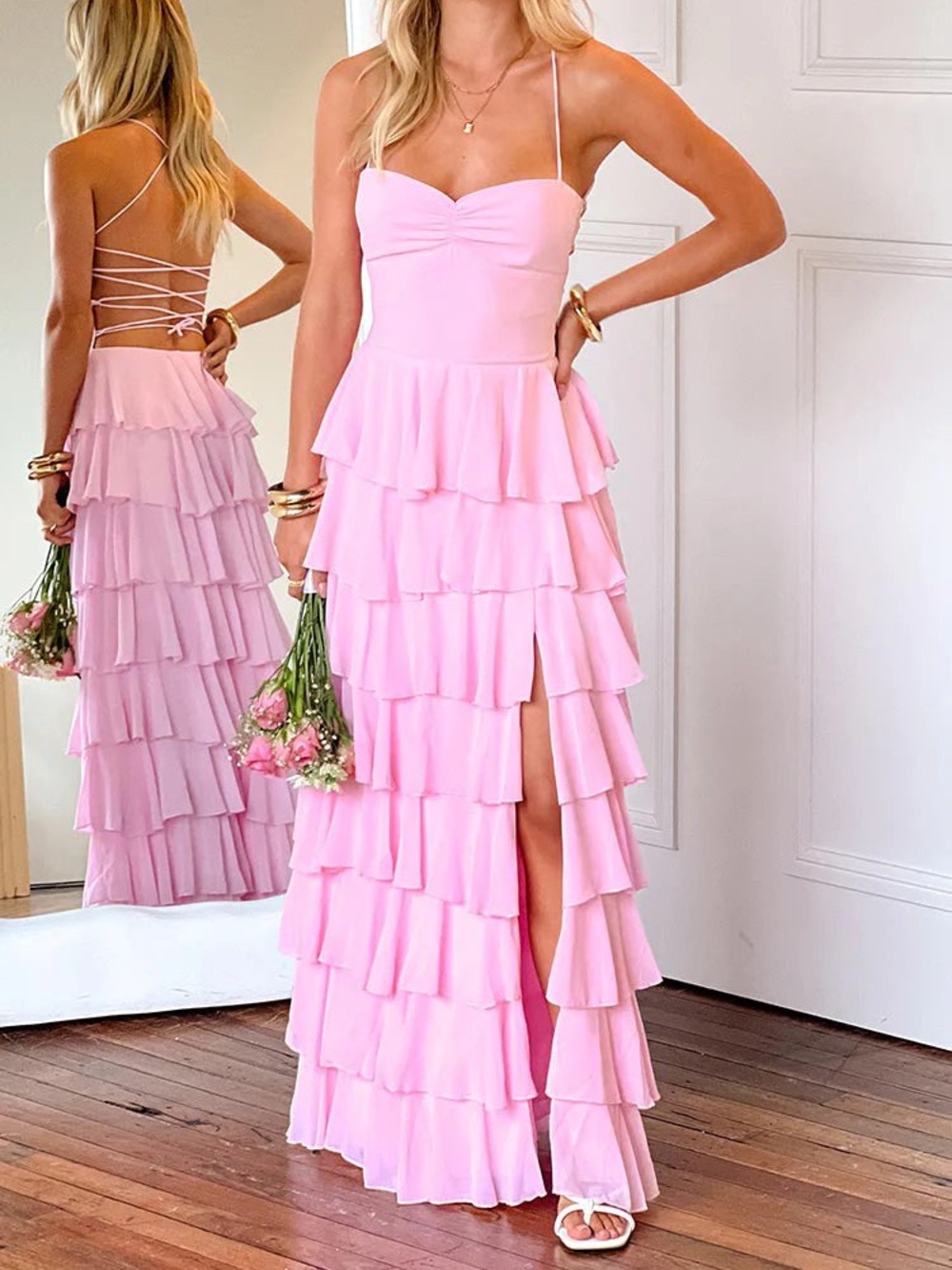 Strappy Pink Tiered Ruffle Maxi Dress